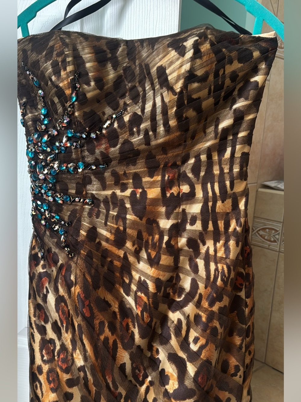 Strapless Leopard Print Dress with Turquoise Rhinestone Details Smoke free